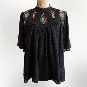 Never Worn🌸NORDSTROM Swiss Dot Batwing Sleeve Boho Blouse Floral Detail Sz M